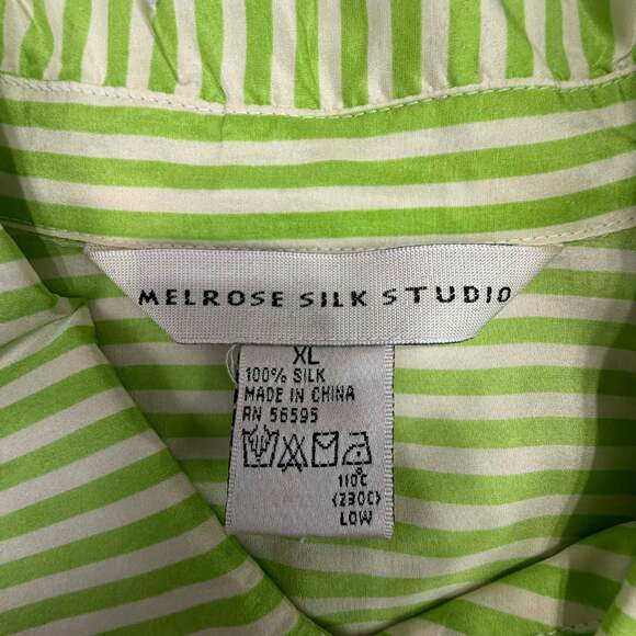 Melrose Silk Studio 100% Silk Lime Green and White Striped Long Sleeve Button Do - Picture 3 of 11